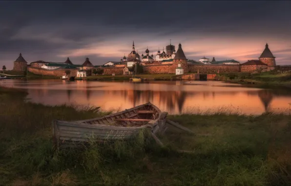 Picture the sky, river, boat, the evening, Solovetsky Islands, The Spaso-Preobrazhensky monastery, Vlad Sokolovsky