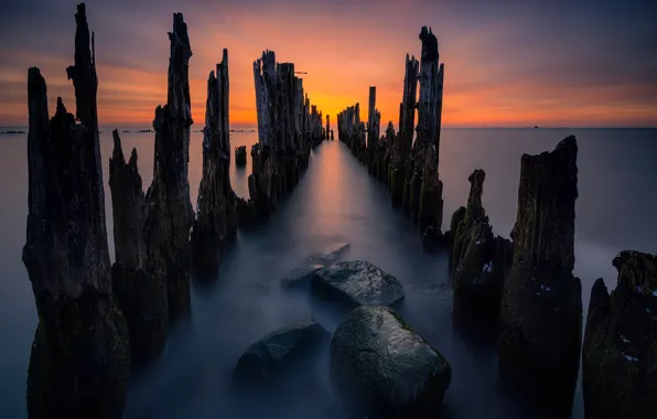 Stones, posts, pond, piles, the old pier