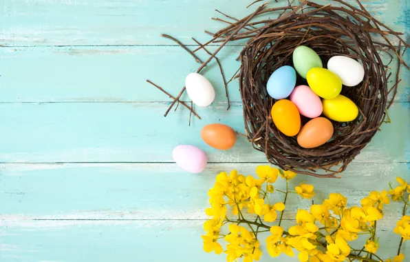 Flowers, basket, eggs, spring, colorful, Easter, wood, pink