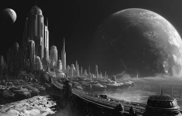 City, science fiction, monochrome, planet, illustration, AI art
