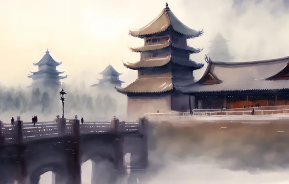 China, architecture, exterior, AI art, watercolor style
