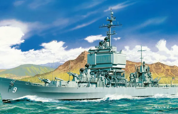 Picture ship, art, Navy, Long Beach, military, cruiser, atomic, rocket, Navy, USA., fleet, CGN-9