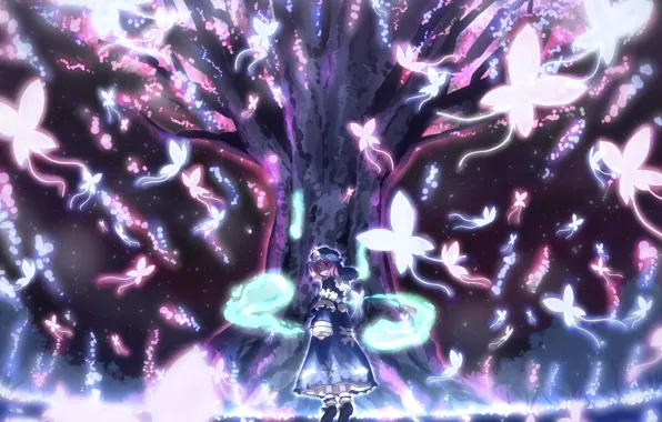 Girl, butterfly, nature, tree, magic, anime, art, studio s.d.t.