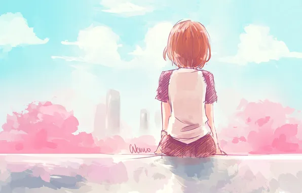 The sky, girl, clouds, trees, the city, back, home, anime