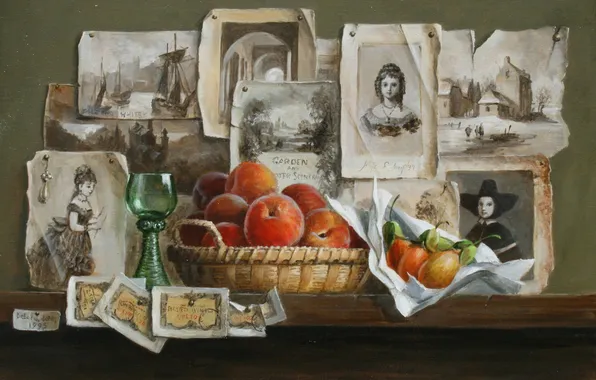 Picture wall, glass, picture, art, shelf, photos, fruit, still life