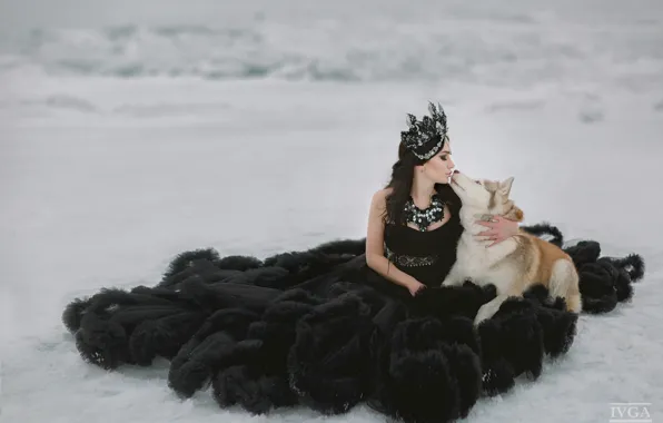 Picture girl, snow, kiss, dog, dress
