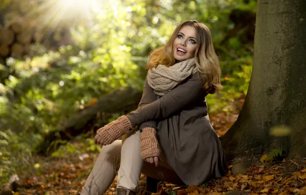 Picture autumn, leaves, girl, the sun, rays, nature, tree, brown hair