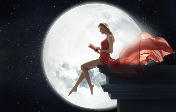 Girl, night, the moon, dress, blonde, book, legs, sitting