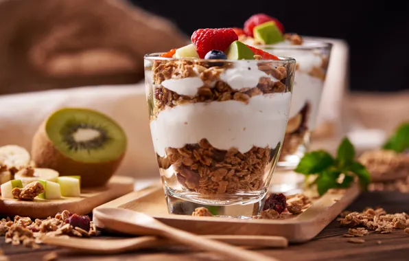 Glass, berries, kiwi, fruit, yogurt, granola