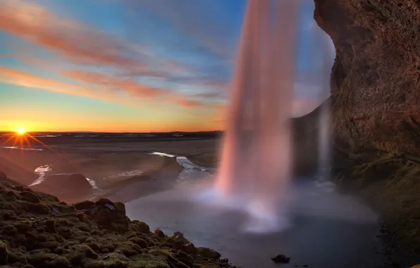 Picture colors, river, sky, landscape, nature, clouds, sun, waterfall