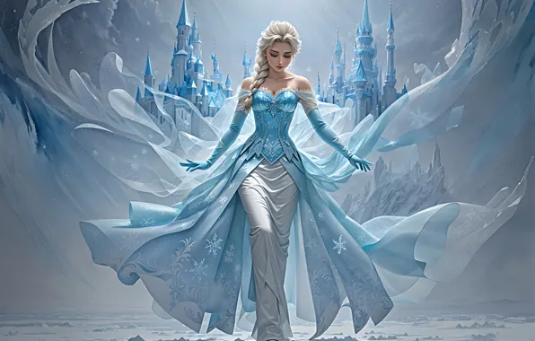 Winter, girl, snow, snowflakes, pose, castle, fantasy, blonde