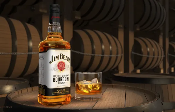 Ice, glass, bottle, barrels, store, bourbon and whiskey, Jim Beam Bourbon Sample, Jim Beam® bourbons …