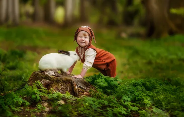 Picture greens, grass, smile, stump, boy, rabbit, baby, friends