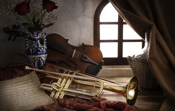 Flowers, violin, window, pipe, still life