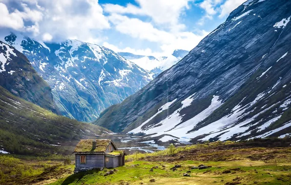 Light, Nature, Clouds, Sky, Sun, Mountains, Norway, Hut