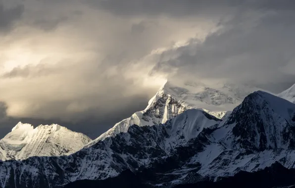 Picture winter, the sky, clouds, snow, mountains, clouds, nature, rocks