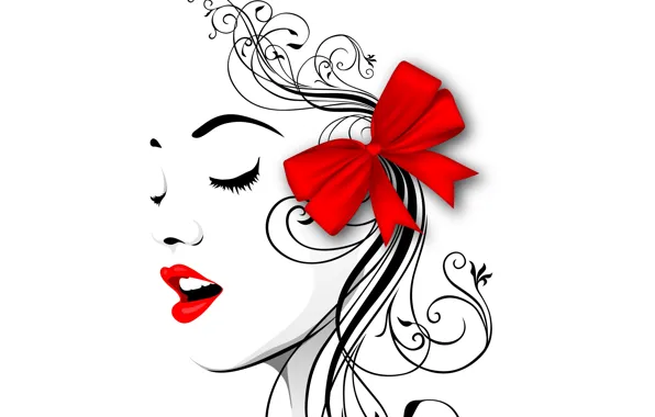 Picture face, style, vector, profile, bow, red lips