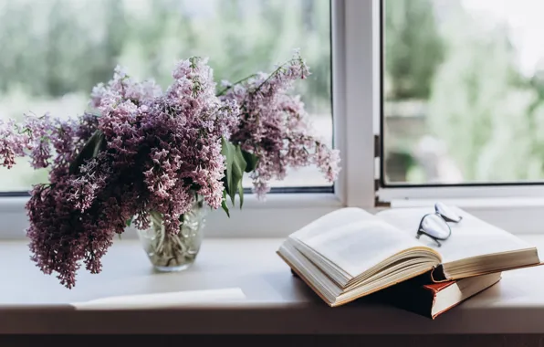 Glass, light, flowers, branches, frame, books, bouquet, spring