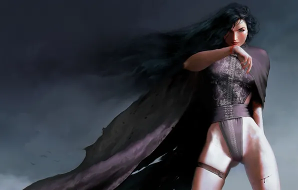 Witch, spell, witchcraft, black hair, wound, black cloak, blood on the lips, rags