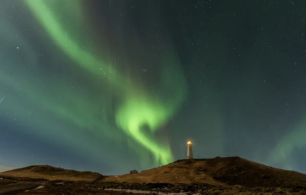 The sky, stars, lighthouse, Northern lights, Iceland