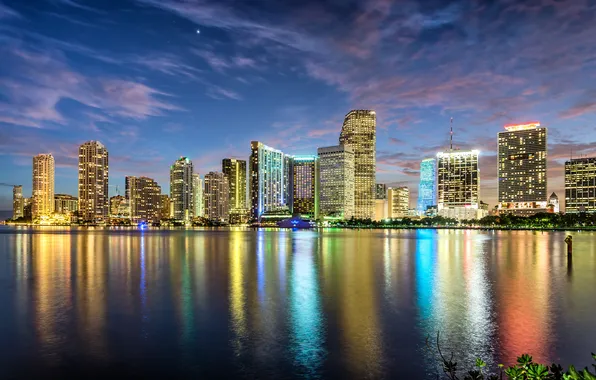 Sunset, the city, lights, the ocean, building, Miami, skyscrapers, the evening