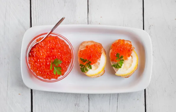 Lemon, bread, spoon, red, caviar, parsley, saucer, sandwiches