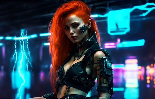 Girl, red, cyborg, cyberpunk