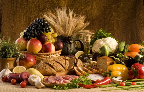 Picture wheat, greens, lemon, mushrooms, oil, food, bow, bread