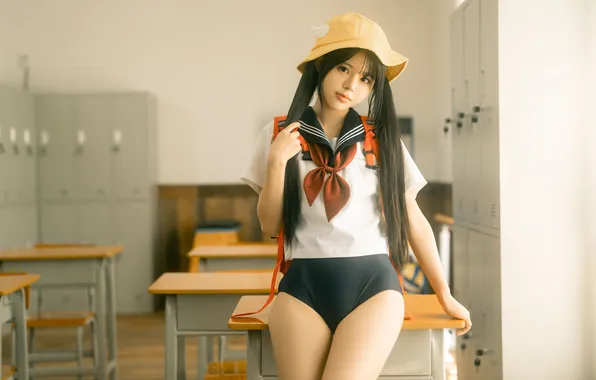 Picture girl, Asian, shorts, pigtails