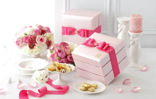 Flowers, pink, roses, candle, bouquet, petals, cookies, tape