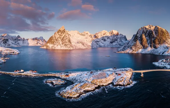 Winter, sea, the sky, clouds, light, snow, landscape, mountains