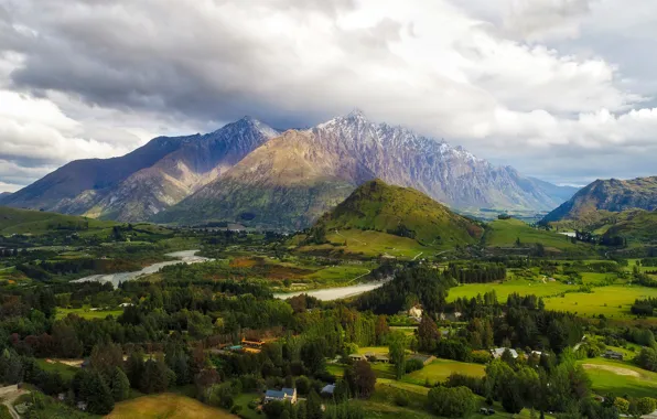 Clouds, trees, mountains, river, field, valley, New Zealand, panorama