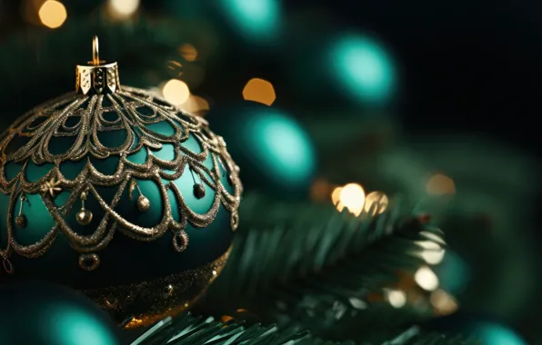 Balls, close-up, branches, lights, green, the dark background, pattern, Shine