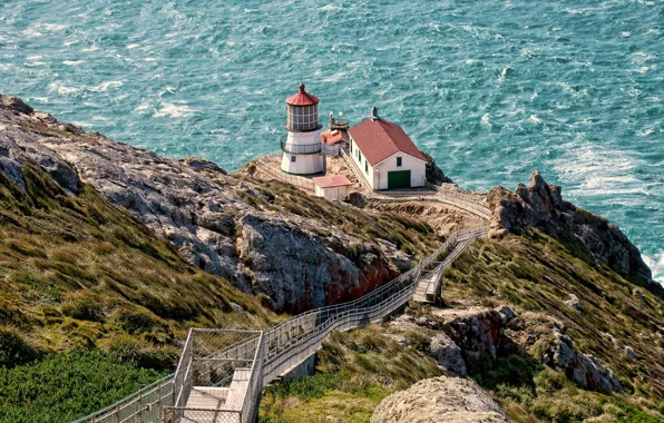 Sea, Rocks, Lighthouse, Ladder, Landscape