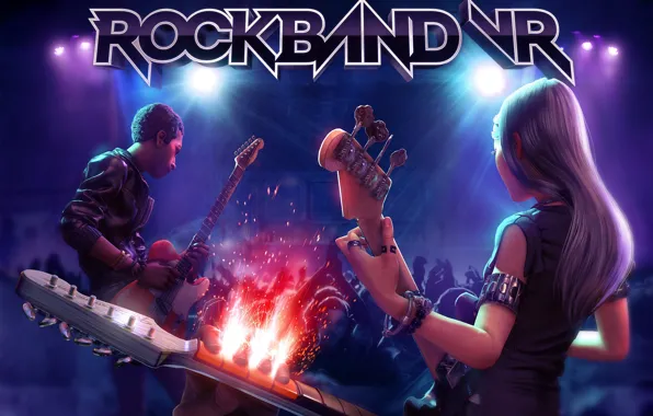 Musicians, speech, guitarists, Rock Band VR Key Art