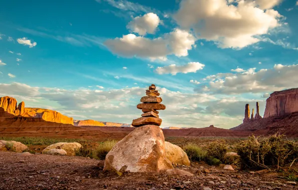 The sky, clouds, stones, rocks, vegetation, desert, dal, USA