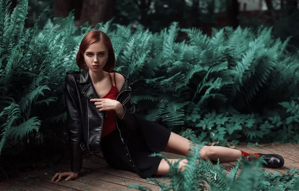 Legs, model, women, plants, jacket, red lipstick, leather jacket, looking at viewer