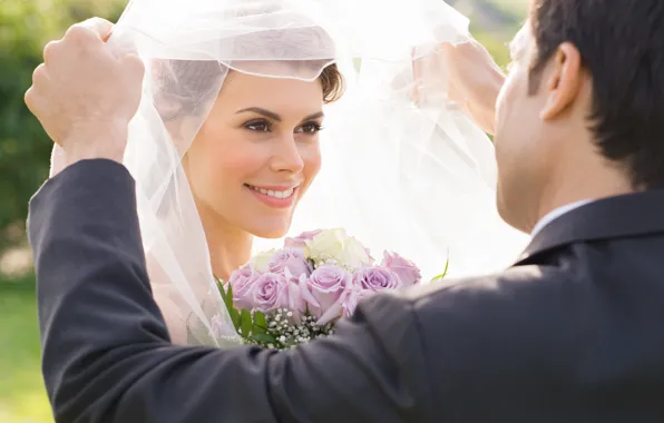 Flowers, smile, bouquet, the bride, veil, wedding, the groom