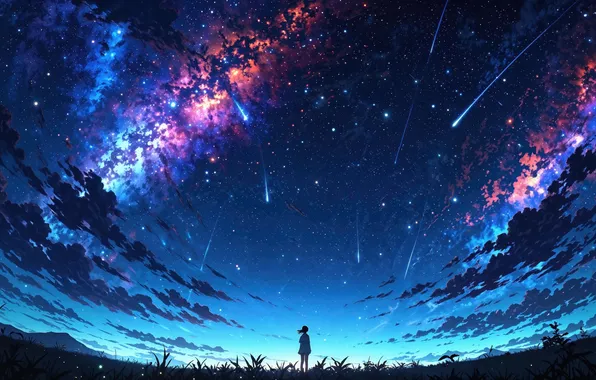 Girl, Sky, Milky Way, Comet, Anime Girl, AI Art, AI Generated