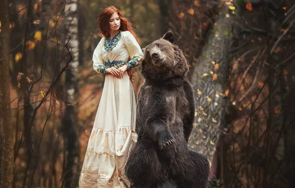 Autumn, forest, girl, pose, dress, bear, red, redhead