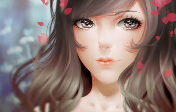 Eyes, girl, face, anime, petals, art, lhy
