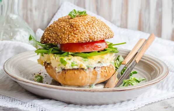 Picture sandwich, tomato, sesame, buns, omelette