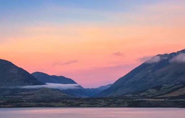 Clouds, mountains, lake, morning, valley, pink sky