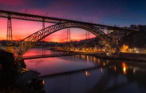 Bridge, river, home, glow, Portugal, Port, Duero