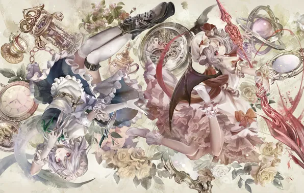 Girls, roses, art, touhou, Touhou
