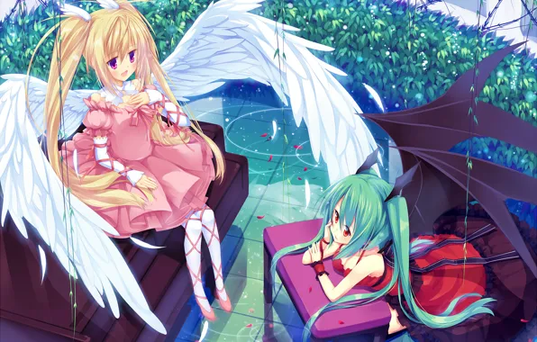 Picture water, plant, wings, angel, feathers, the demon, two girls