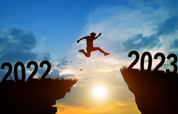 Picture jump, new year, silhouette, figures, abyss, Happy New Year