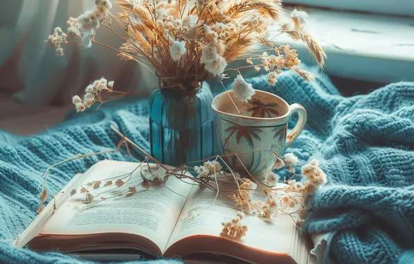 Light, blue, stems, bouquet, blanket, spikelets, window, mug