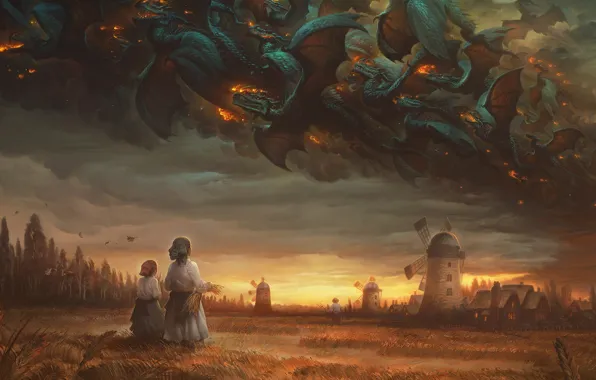 Field, Dragon, Mill, Fire, People, Style, Clouds, Wheat