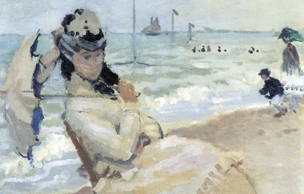 Girl, boat, picture, umbrella, sail, veil, seascape, Claude Monet